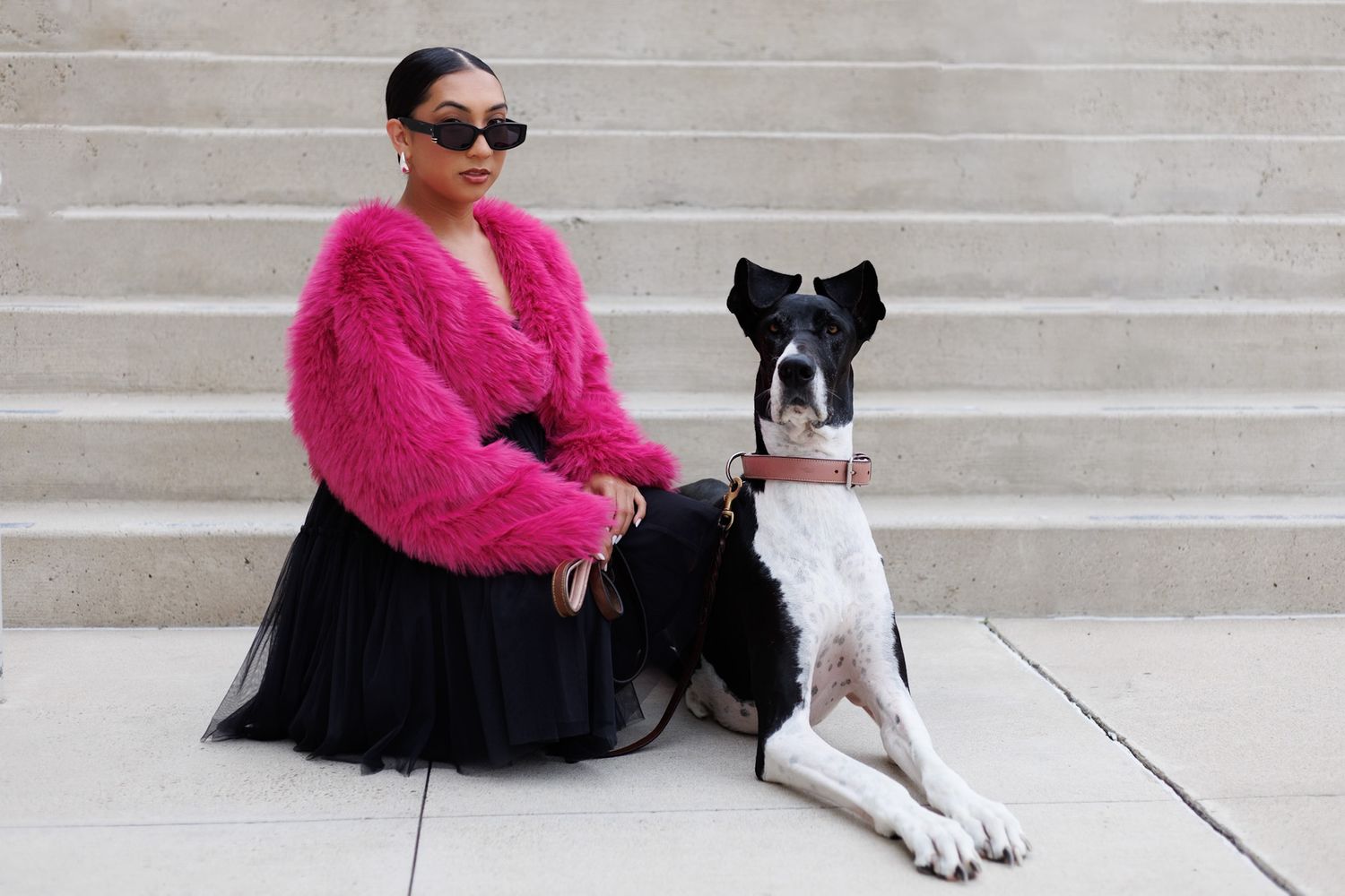 Chic woman in pink fur coat and black tulle skirt posing with Great Dane on steps.