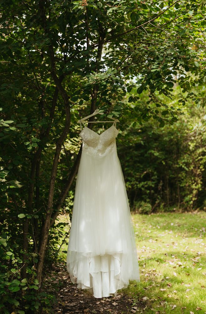 Wedding dress hanging outdoors surrounded by lush greenery during a Michigan wedding day
