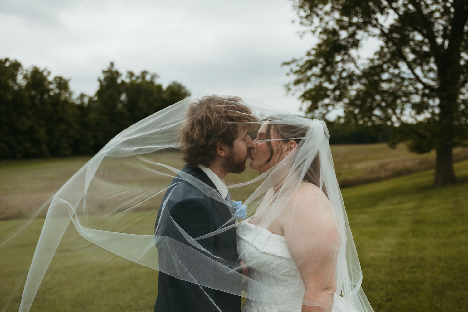Bride and groom sharing a romantic kiss under a flowing white veil outdoors on a lush green lawn.