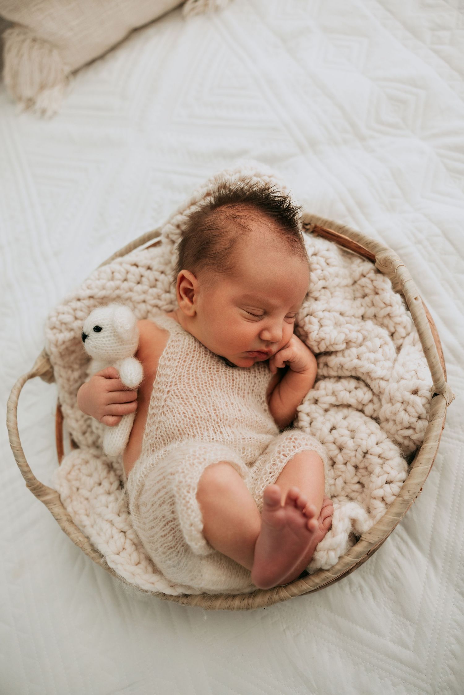 Newborn baby sleeping peacefully in a wicker basket with a knit blanket and small stuffed animal toy.