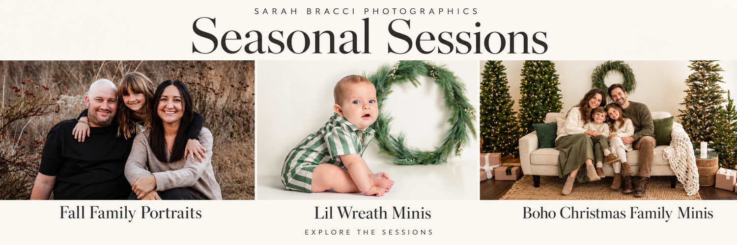Sarah Bracci Photographics seasonal sessions banner featuring fall family portraits, Lil Wreath Minis with a baby, and Boho Christmas family