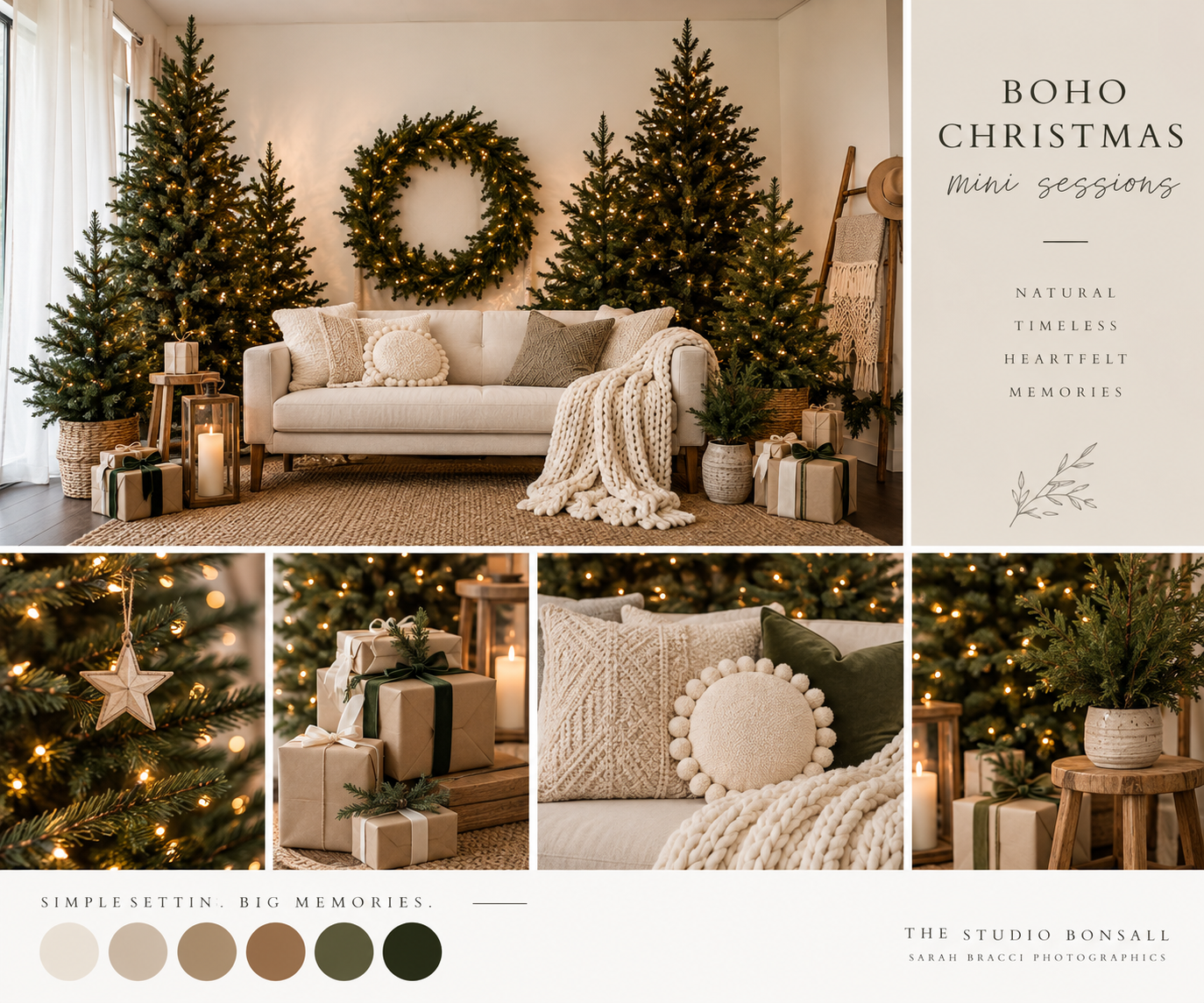 Boho Christmas mini session mood board featuring neutral tones, decorated trees, cozy pillows, and wrapped gifts in a warm studio setting.