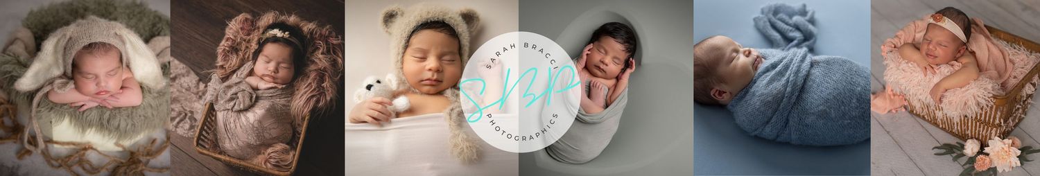 Collage of five newborn photography portraits showing babies in various poses and wraps.