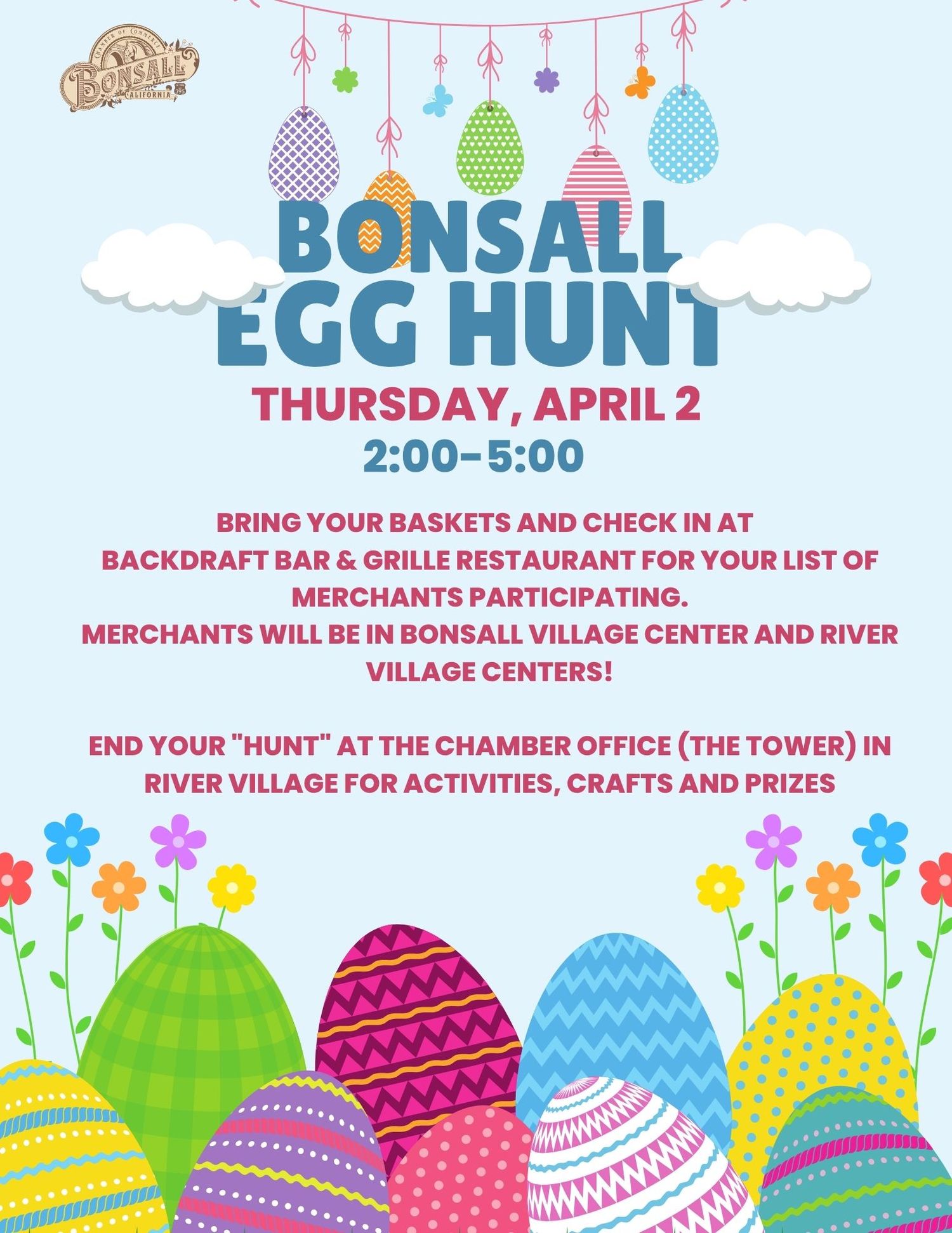 Bonsall Egg Hunt event flyer for Thursday April 2nd, 2-5PM at Bonsall Village Center with colorful Easter eggs.