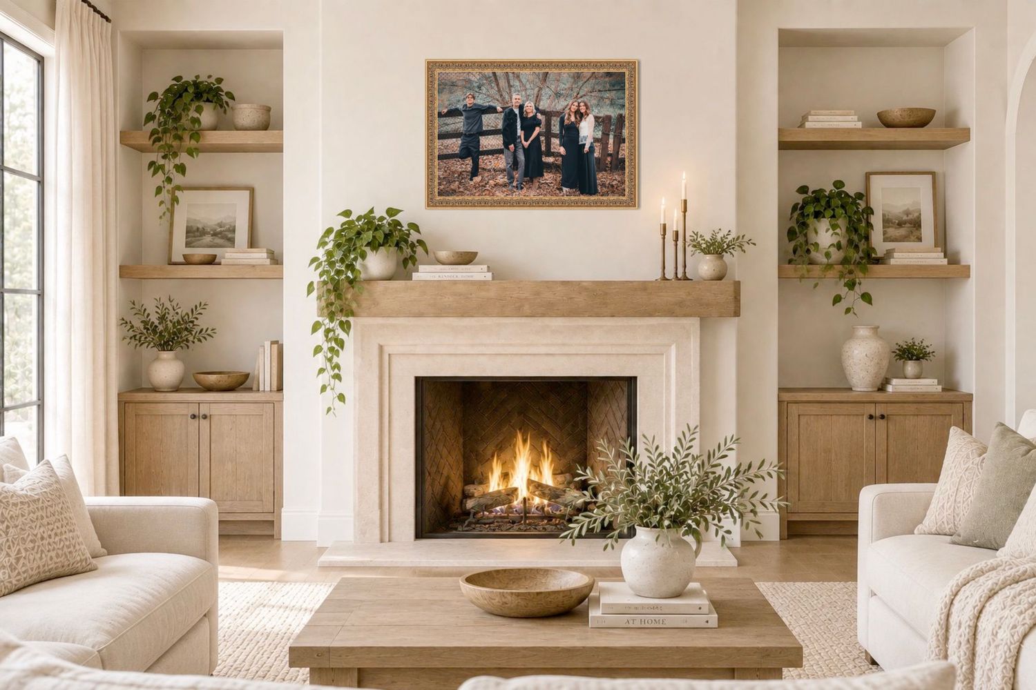 Cozy neutral living room with lit fireplace, built-in shelves, white sofas, wood coffee table, and greenery accents.
