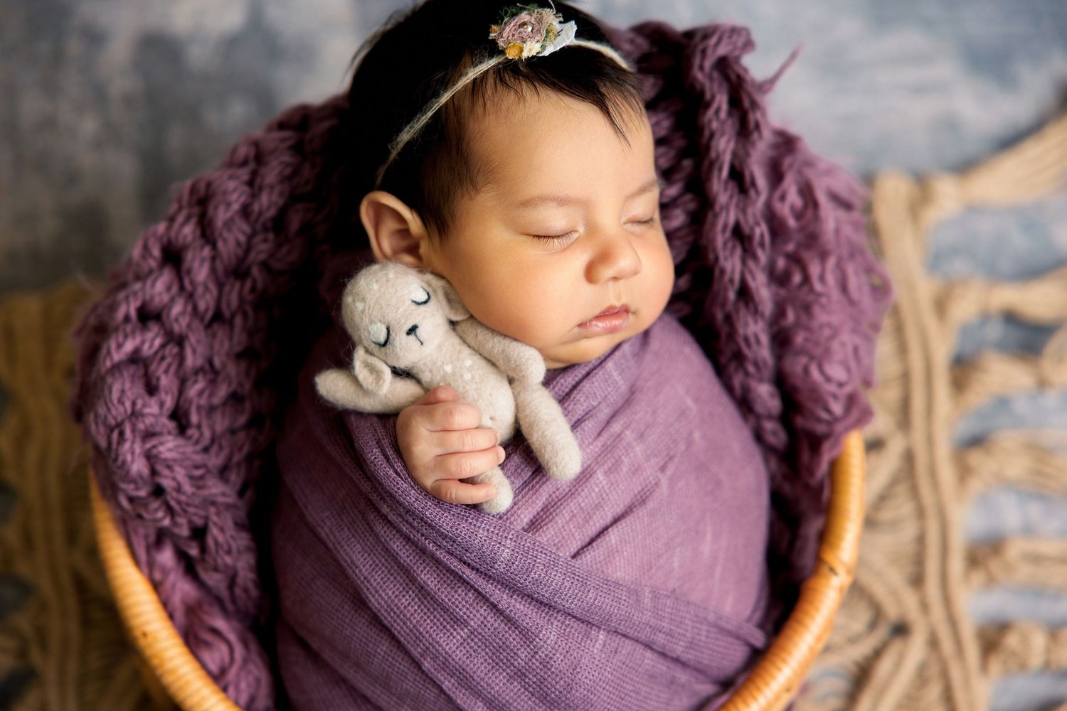 Sleeping newborn baby swaddled in purple wrap holding a knit elephant toy in a wicker basket.
