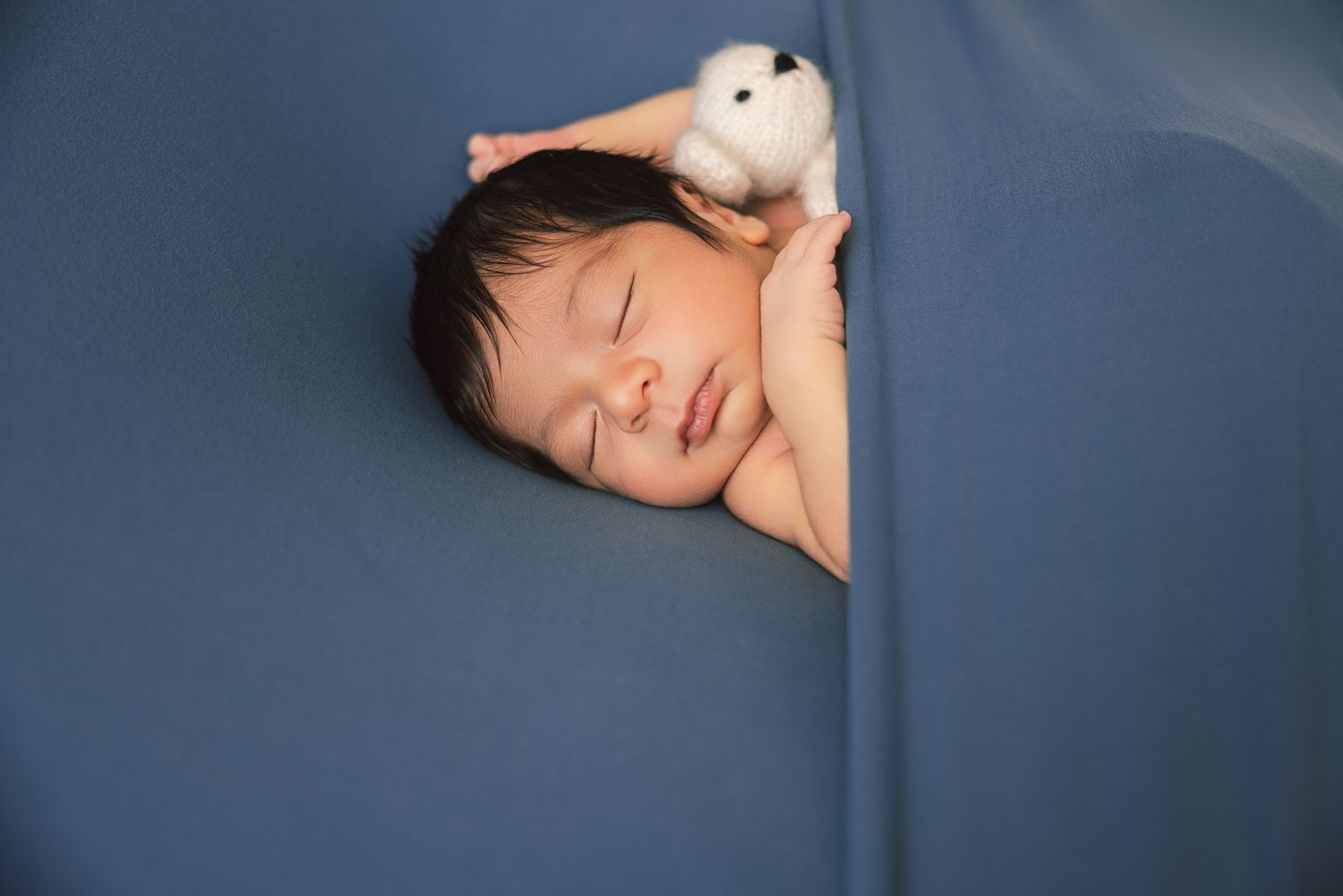 Peaceful newborn baby sleeping on blue fabric while holding a small white stuffed animal toy.