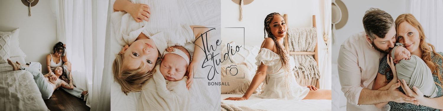 Photography studio collage featuring newborn, family, and maternity portrait sessions with elegant styling. in the Bonsall Studio near Fallb