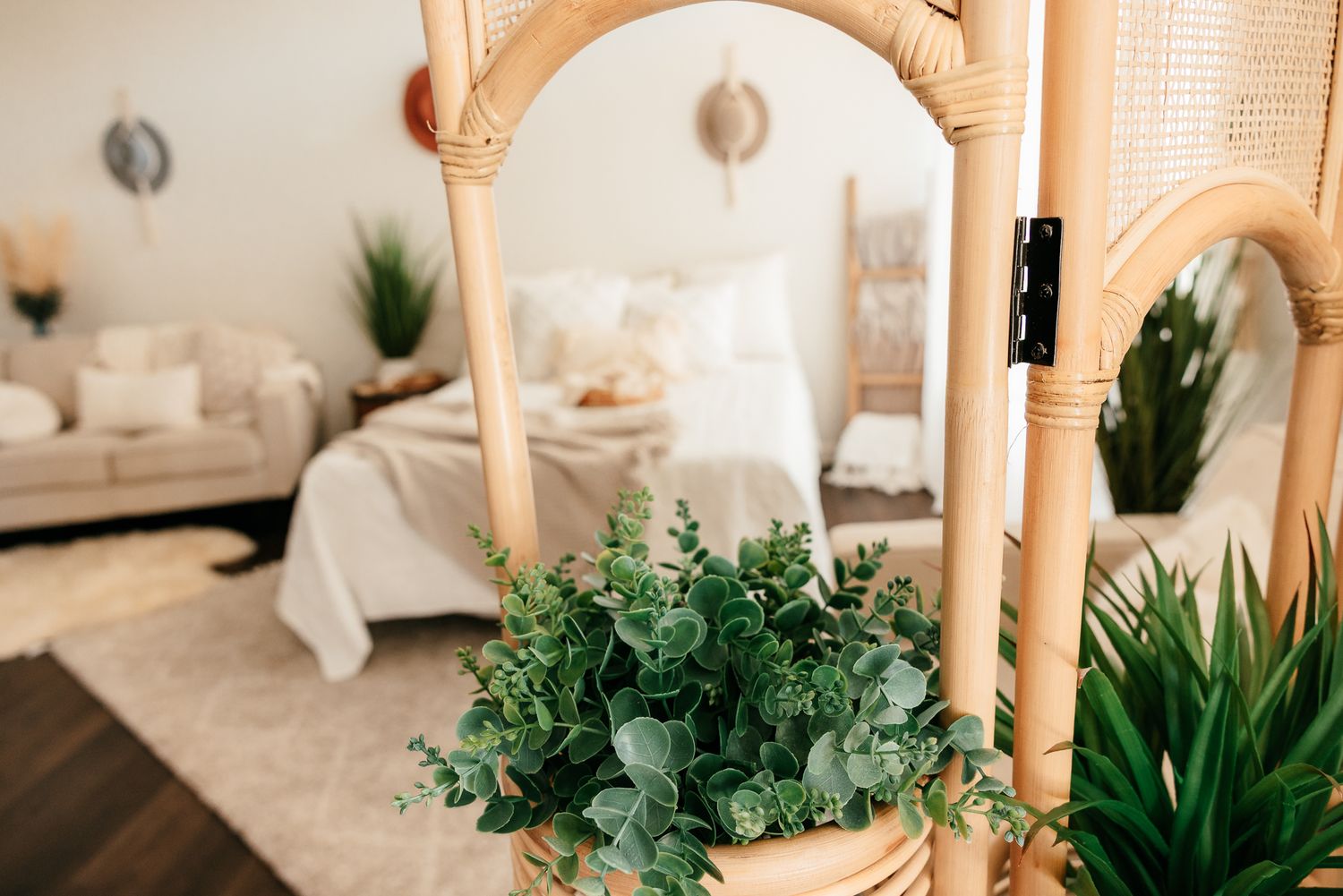 Close-up of rattan room divider with eucalyptus plant, boho bedroom with white bedding in background. in the Bonsall Studio near Fallbrook,