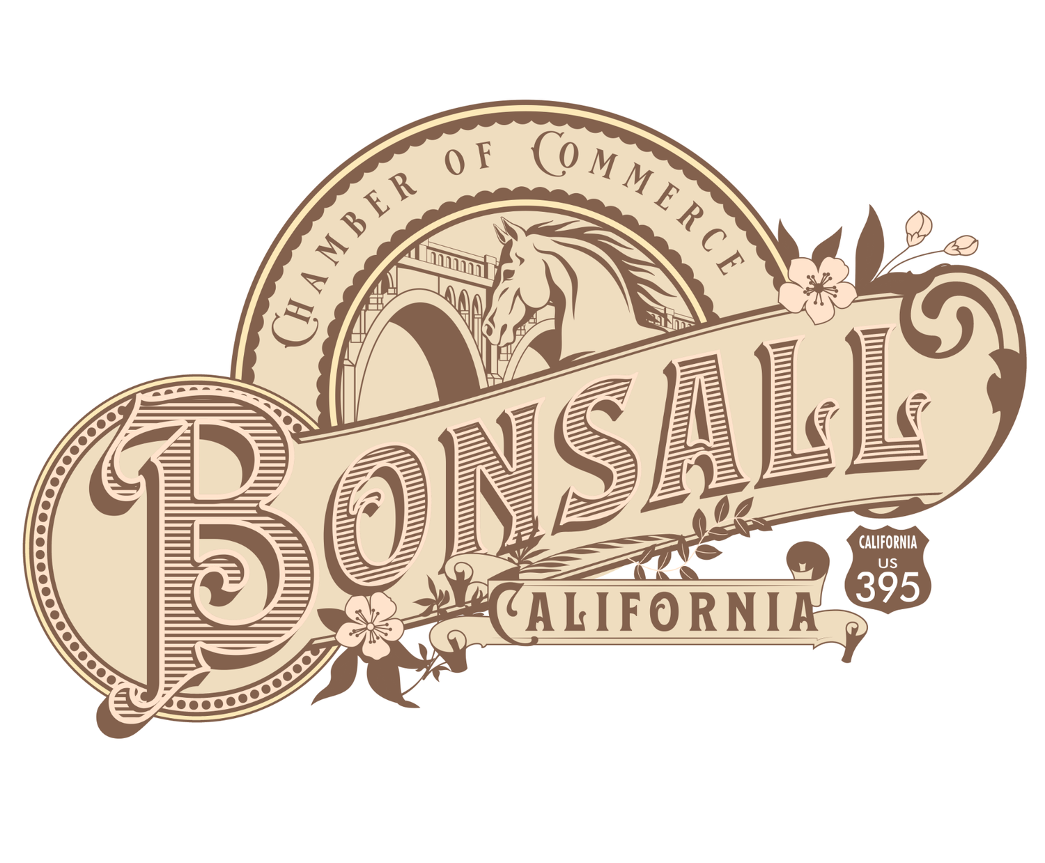 Vintage ornate logo for Bonsall California Chamber of Commerce featuring a horse and decorative typography.