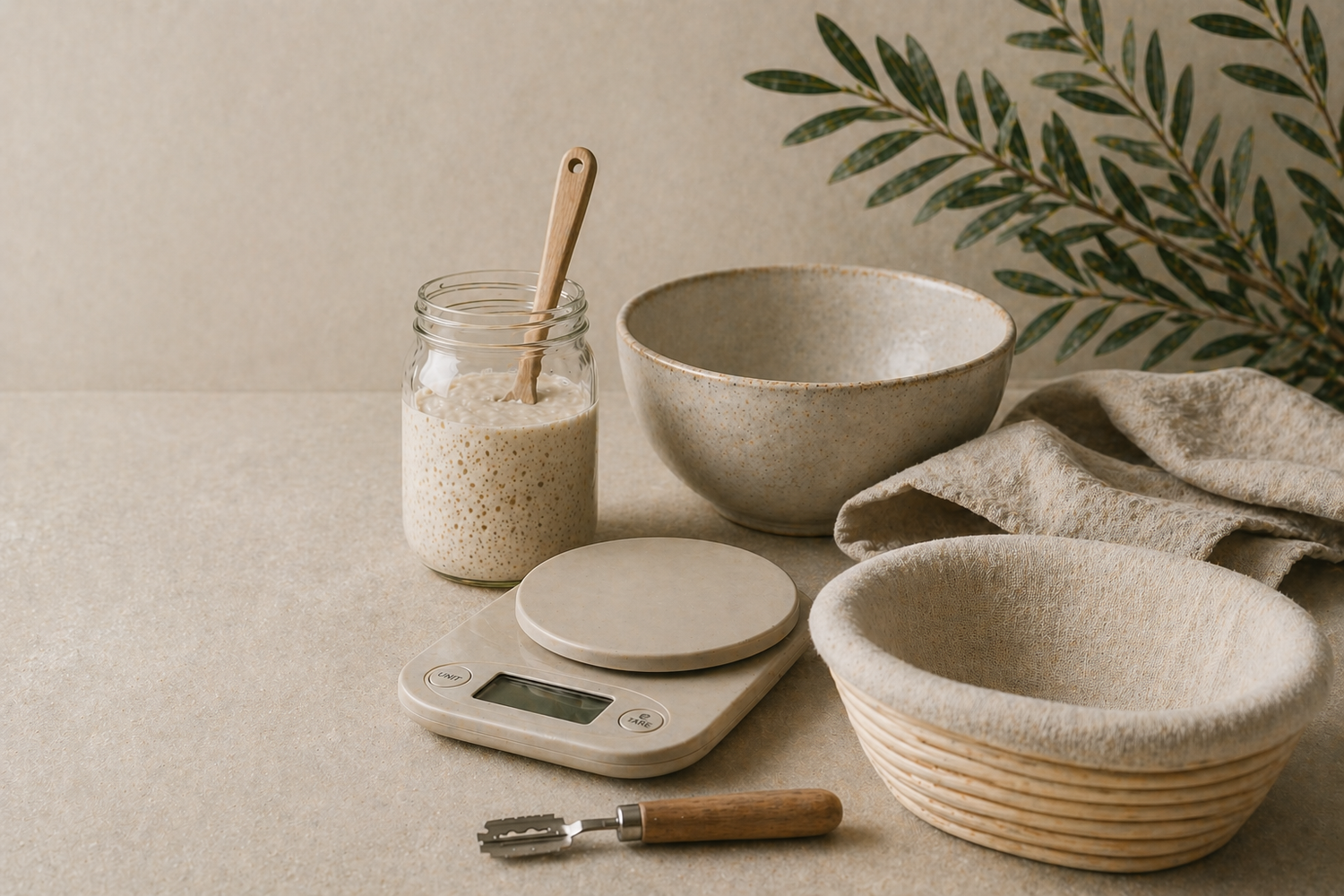 Ceramic bowls, kitchen scale, sourdough starter jar, linen cloth, and olive branch on a neutral beige surface.