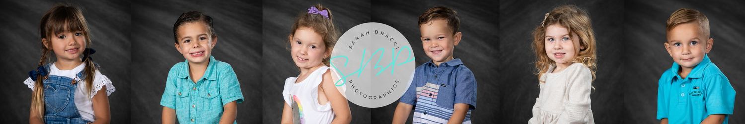 Colorful collage of five young children posing individually against a dark background for professional portraits.