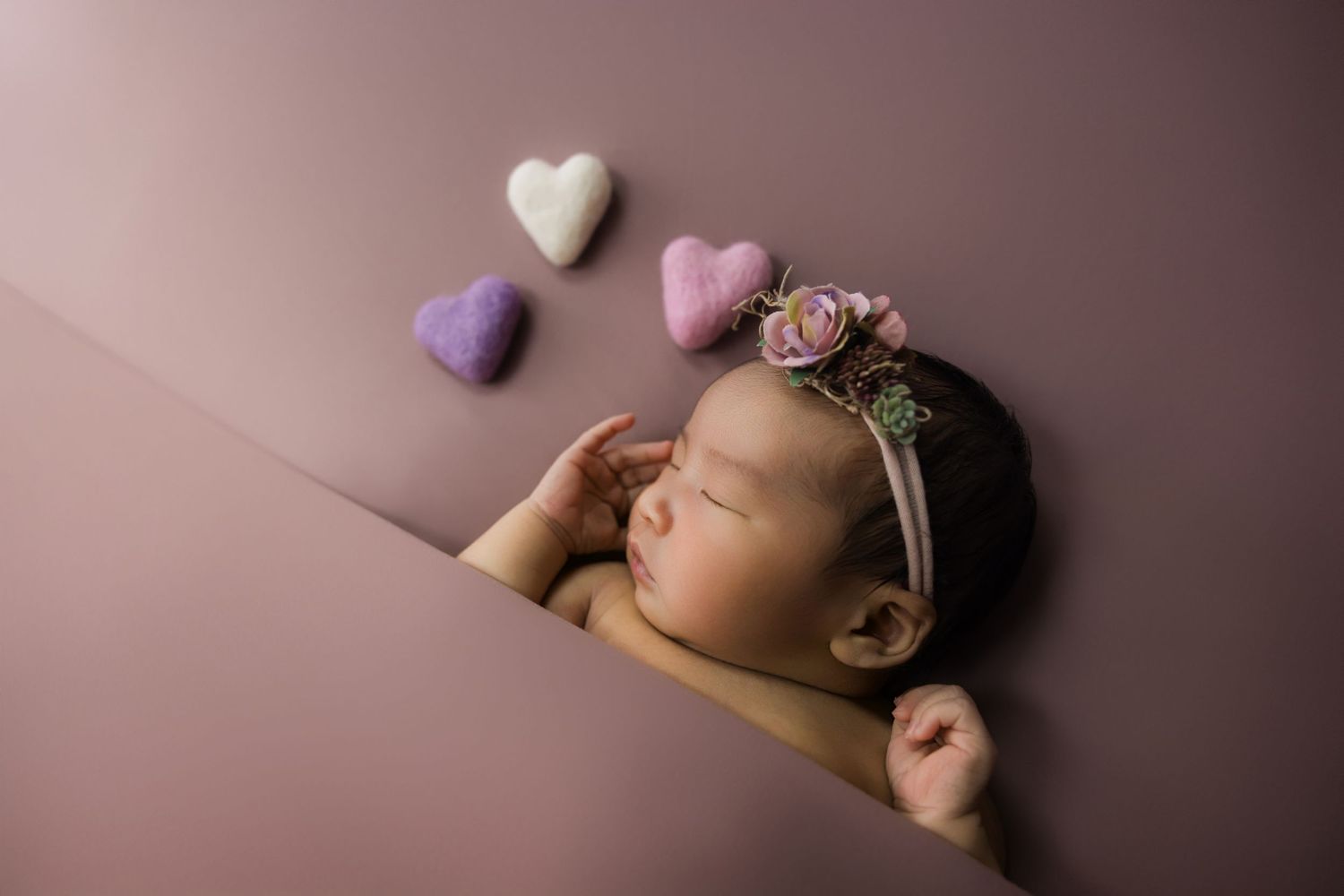 Sleeping newborn baby with floral headband surrounded by heart-shaped pink and purple felt props on mauve backdrop.