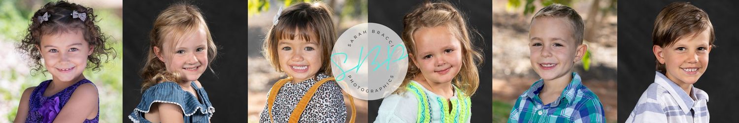 Six young children posing individually for professional portrait photos outdoors in a collage.