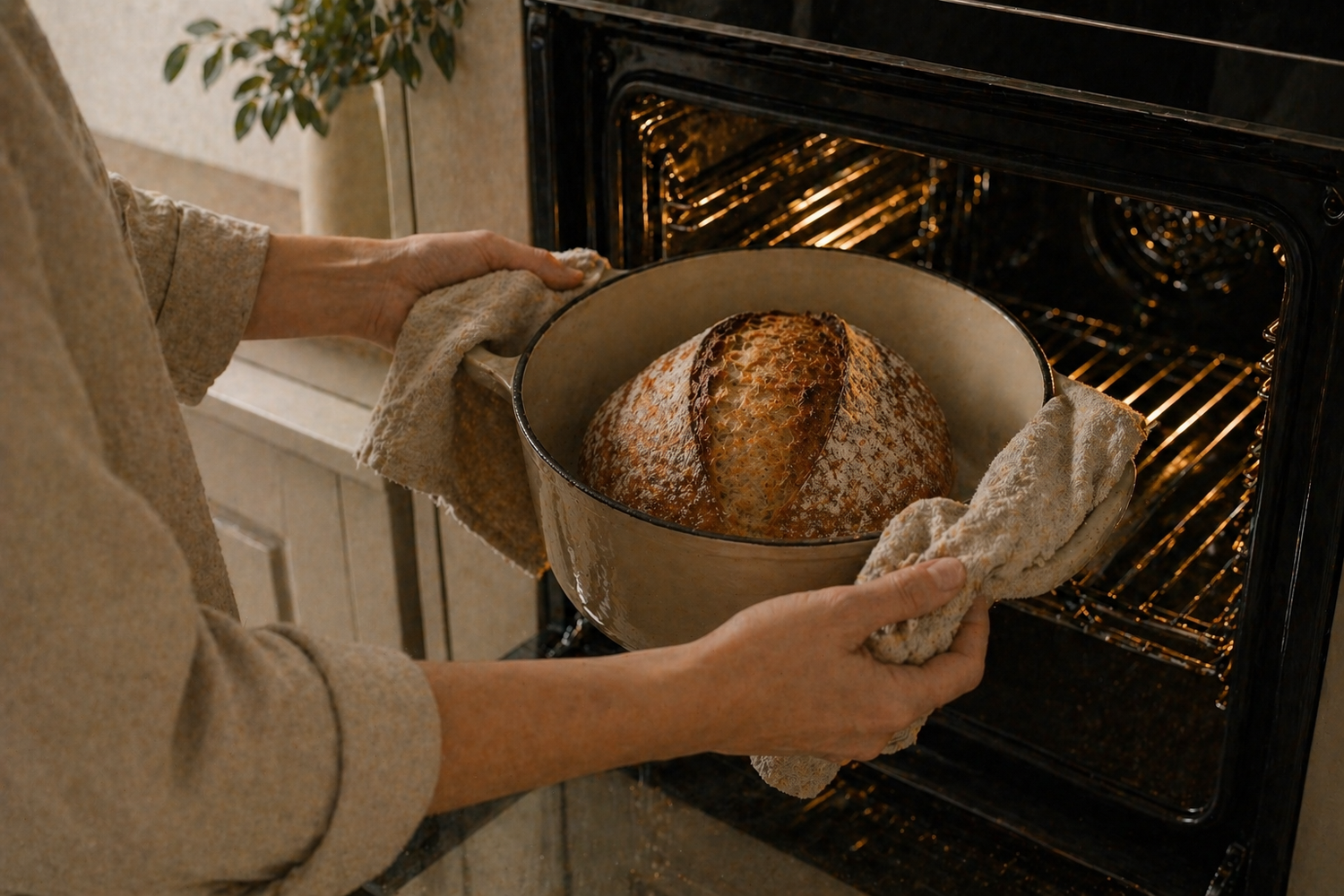 Person removing freshly baked sourdough bread in a Dutch oven from a hot oven using kitchen towels.