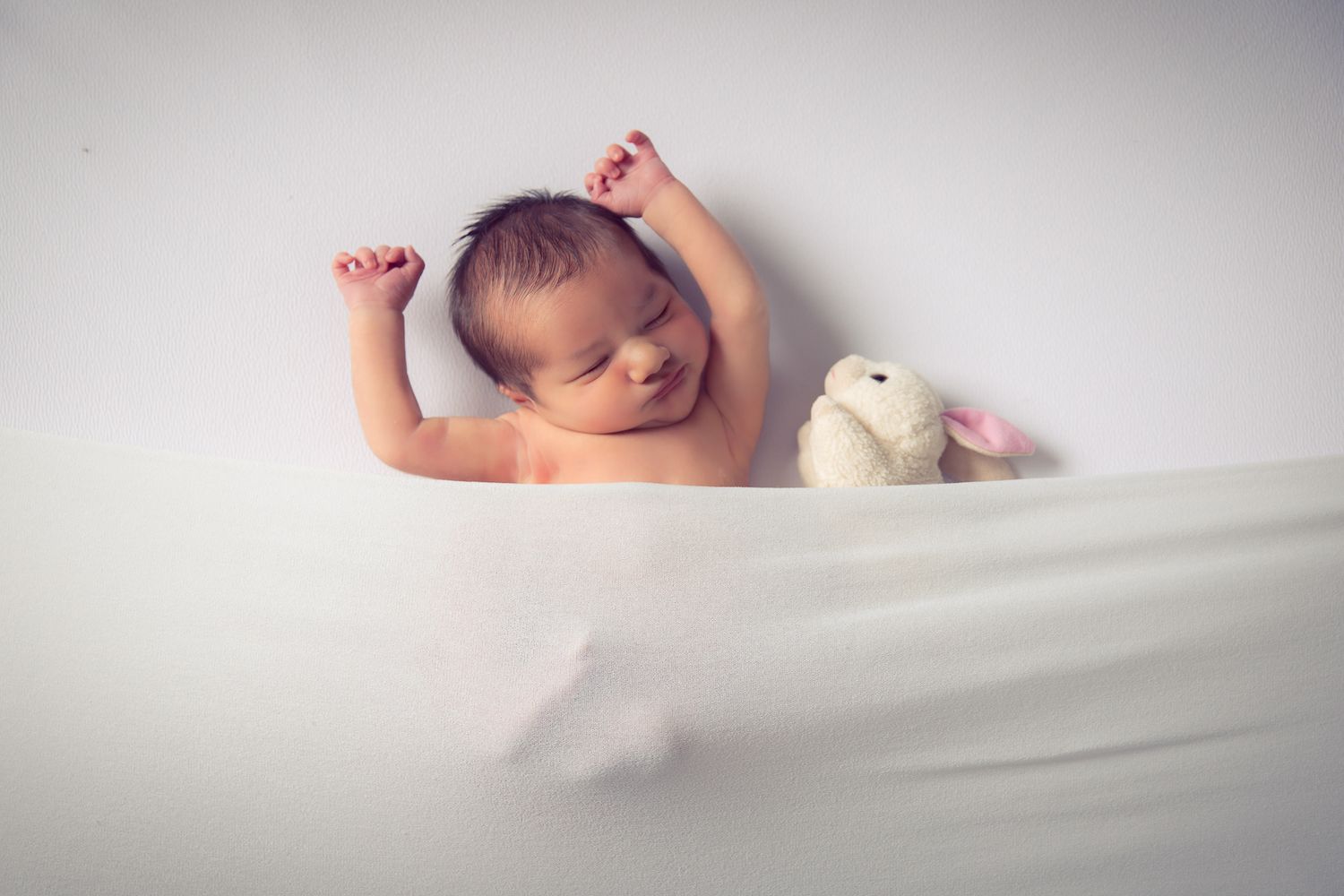 Newborn Baby sleeping with a baby rabbit toy. Photographer providing studio posed newborn portraits in a private Bonsall photography studio