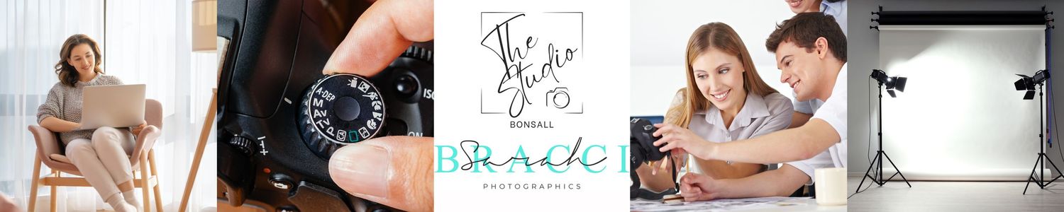 The Studio Bonsall photography banner showing photographer, camera equipment, and studio setup.