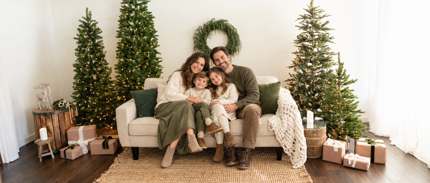 Family of four sitting together on a cream sofa in a cozy living room decorated with Christmas trees, a wreath, and wrapped gifts.