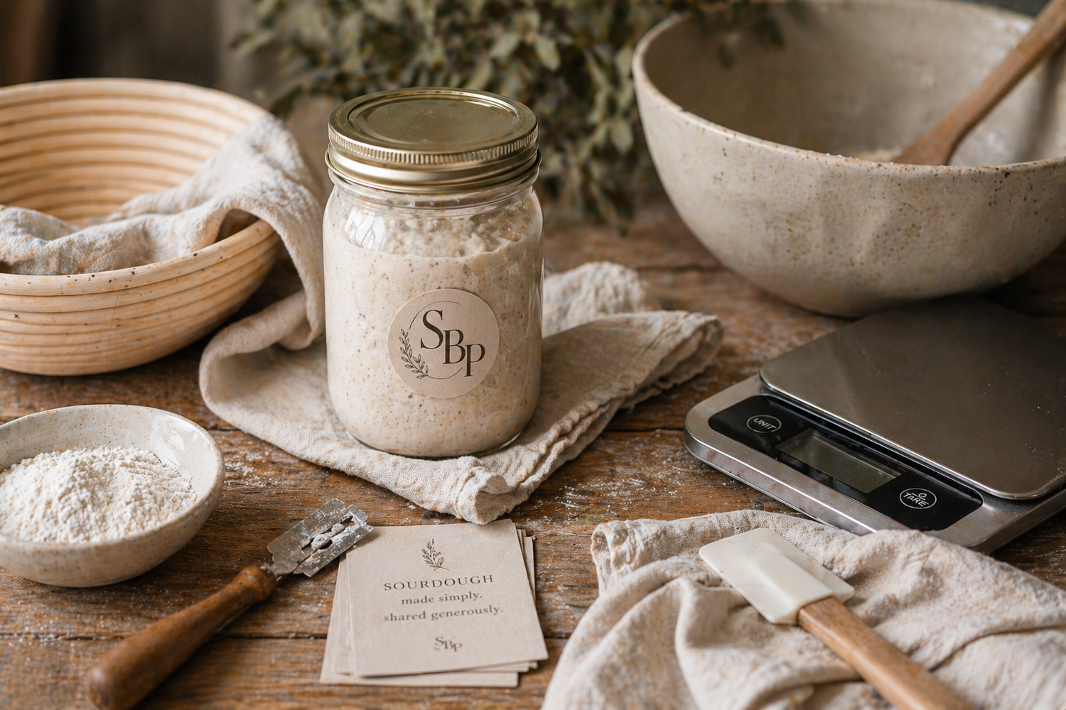 Mason jar of sourdough starter with flour, proofing basket, mixing bowl, and kitchen scale on rustic wooden table.