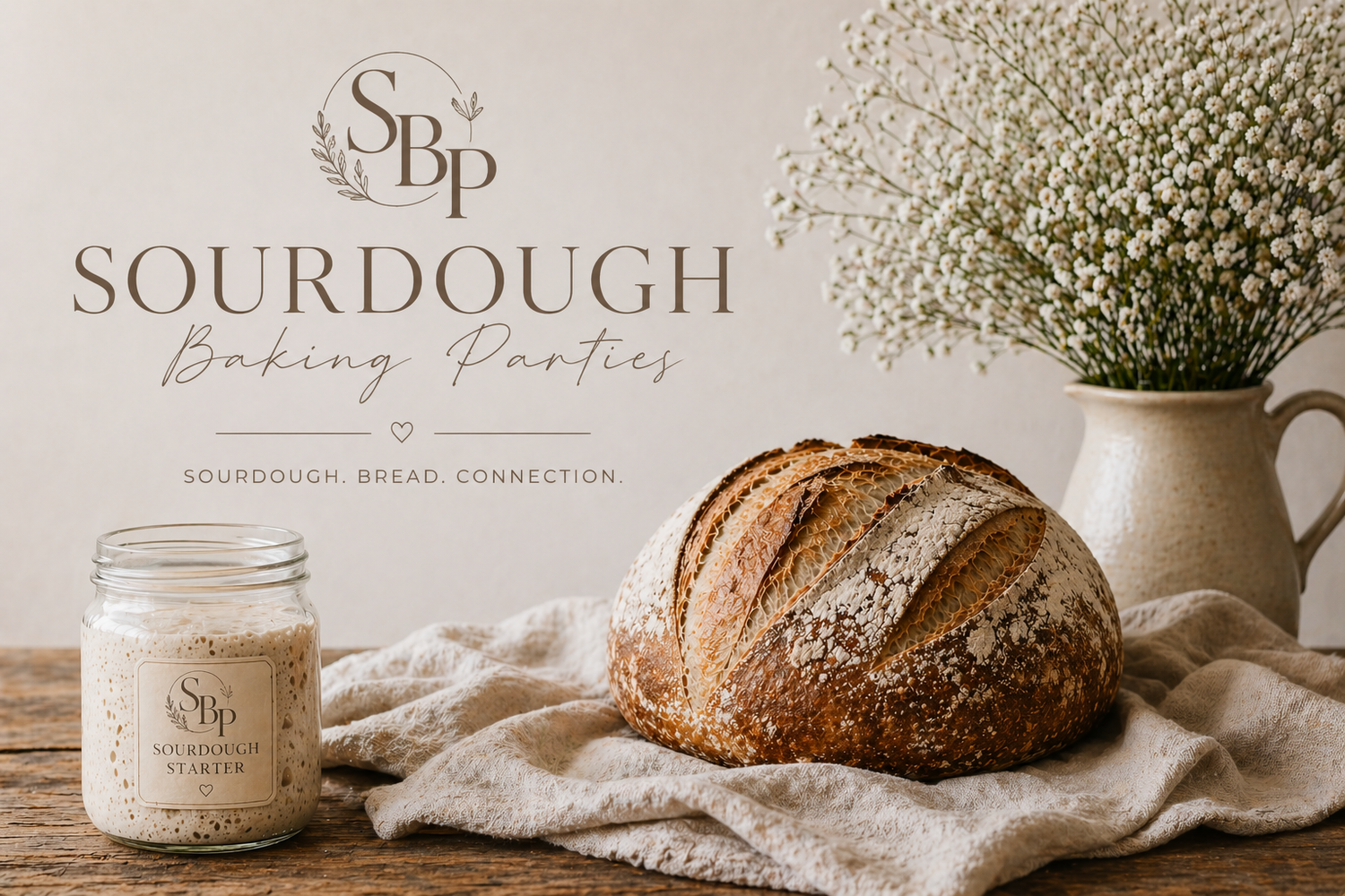 Sourdough Baking Parties logo with artisan sourdough bread loaf, starter jar, and baby's breath flowers on linen.