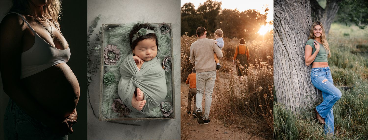 Maternity, newborn, family golden hour, and teen portrait photography collage showcasing lifestyle sessions.