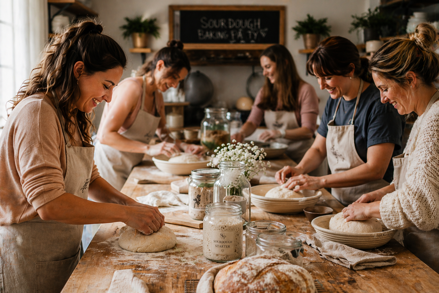 Women learning sourdough bread baking in a rustic cooking class, kneading dough on a flour-dusted wooden table.
