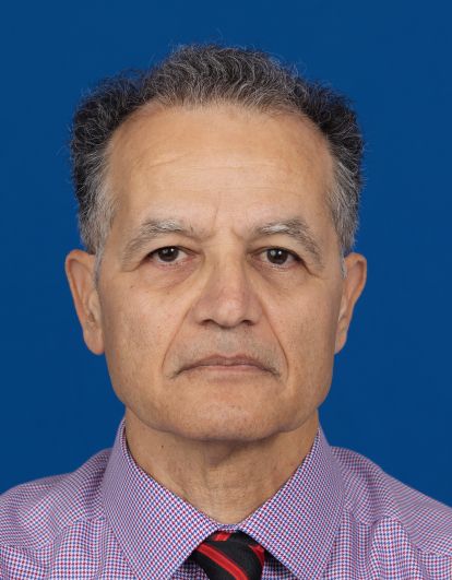 Professional headshot of a middle-aged man in a checkered shirt and tie against a blue background.