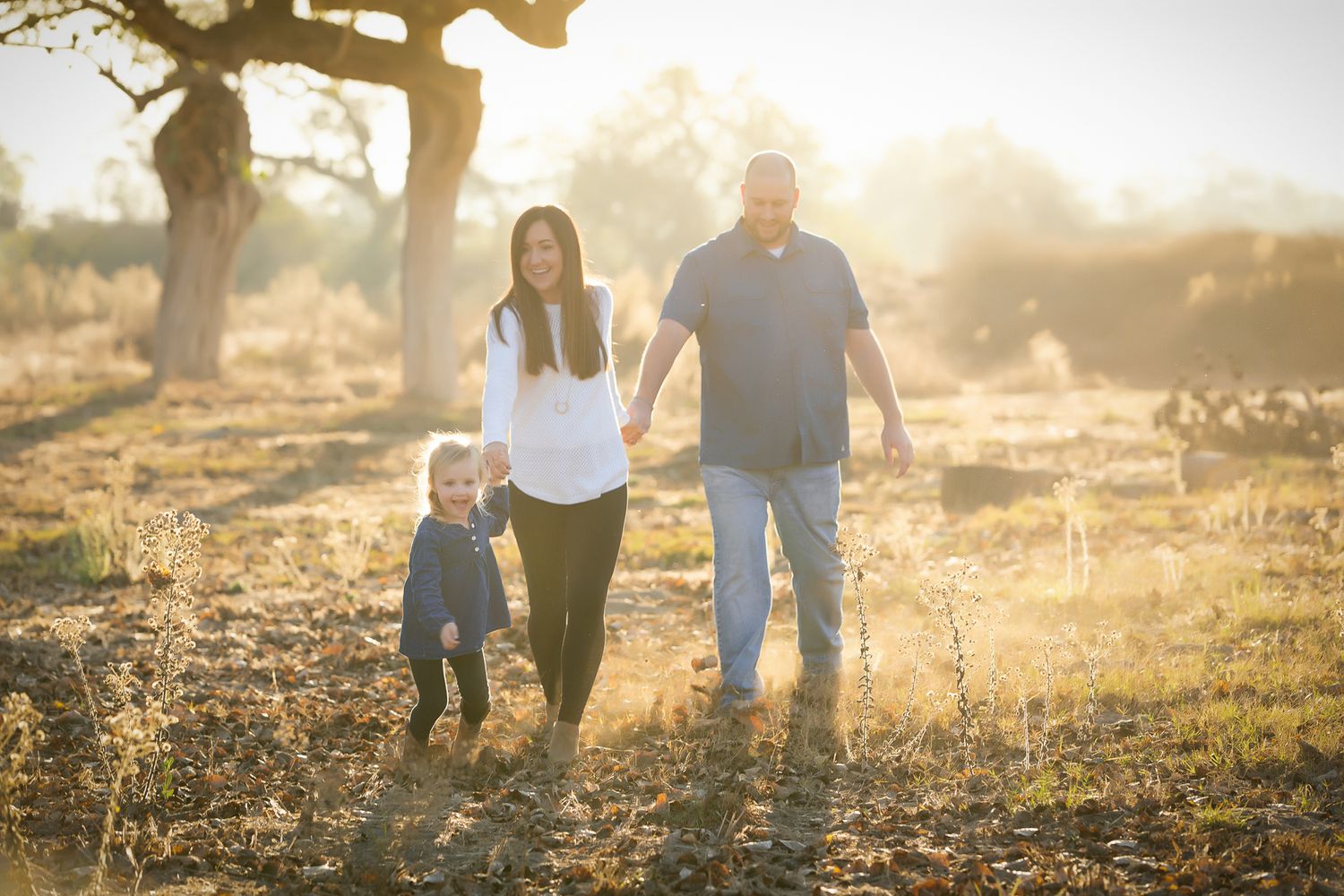 A couple walks hand-in-hand with their toddler through a sunlit outdoor field.