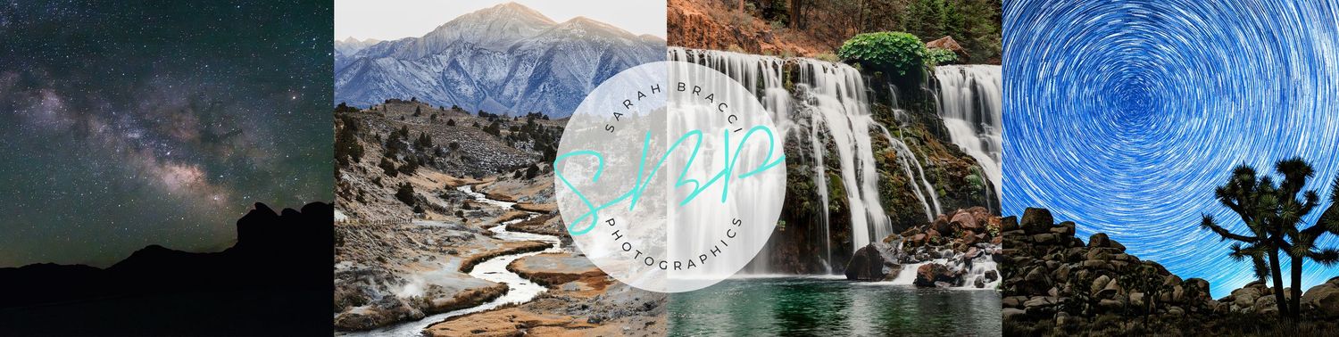 Collage of nature photography featuring starry night sky, mountain landscape, waterfall, and star trail over Joshua trees.
