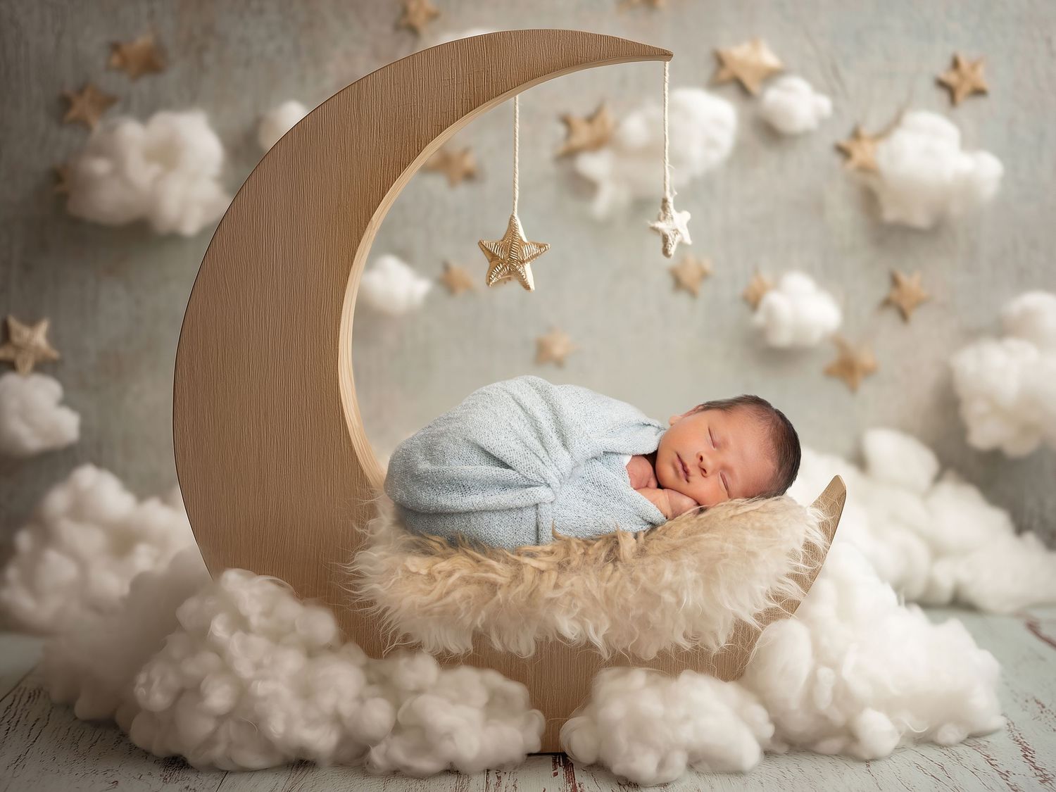 Newborn baby sleeping peacefully in a wooden moon prop surrounded by fluffy clouds and gold stars.