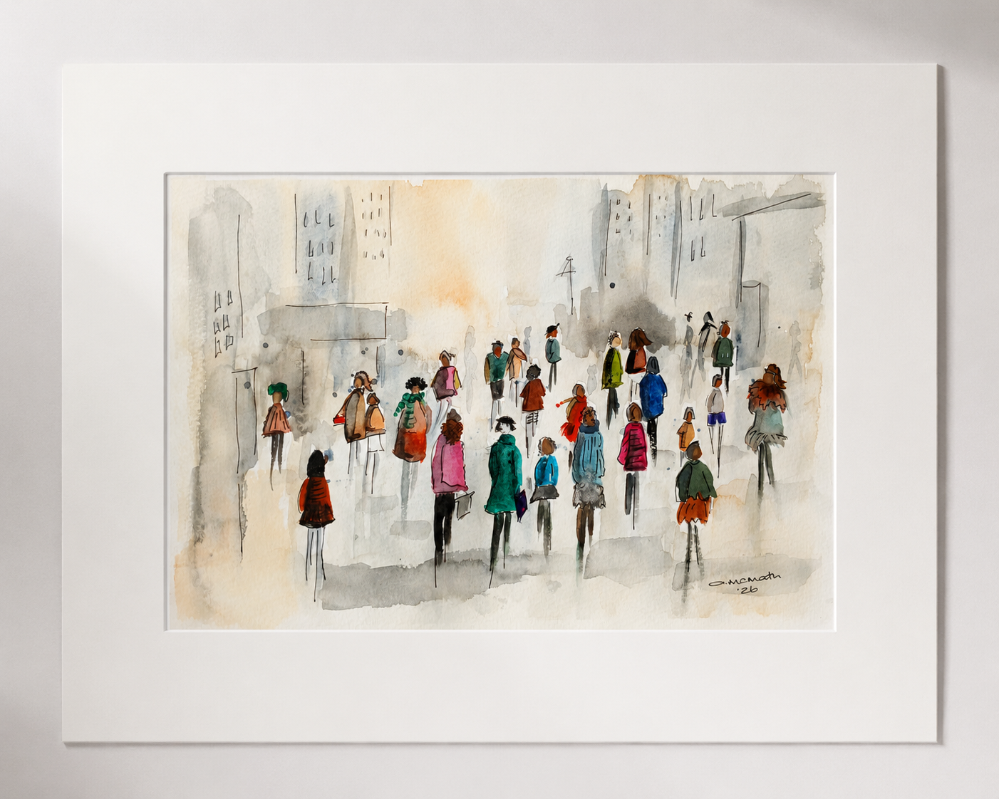 Watercolor painting of colorful figures walking in a misty urban cityscape, framed in white mat.