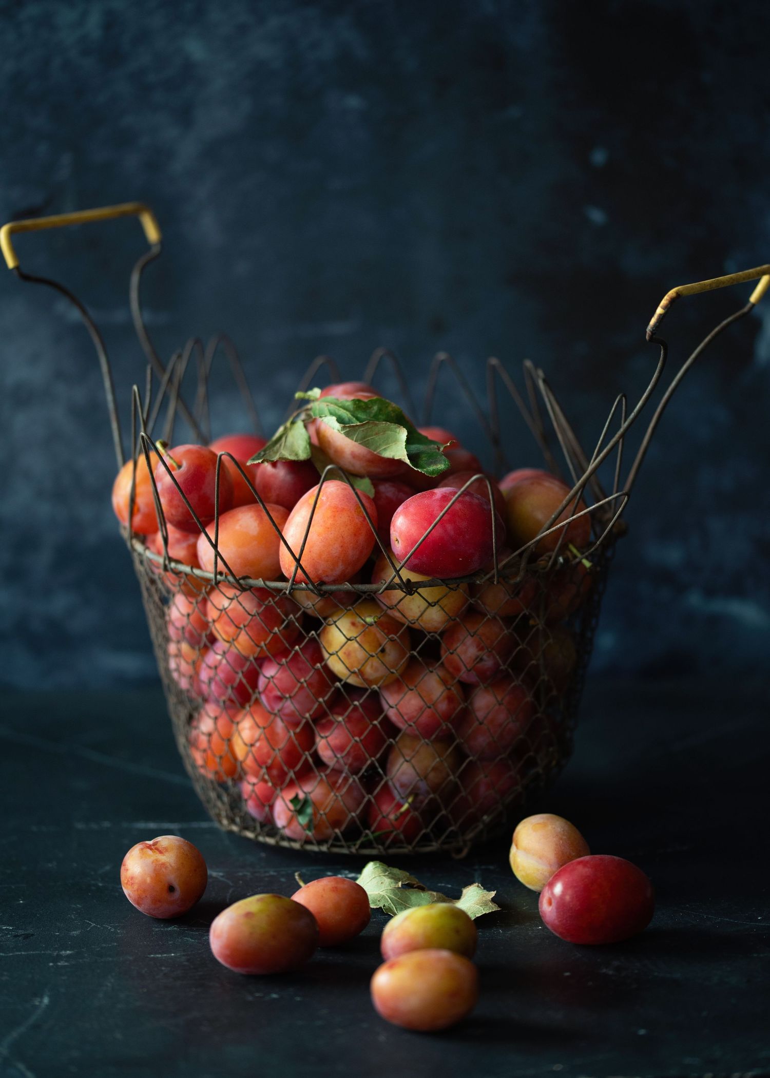 A rustic wire basket overflowing with fresh red and yellow plums, with a few scattered on a dark surface.