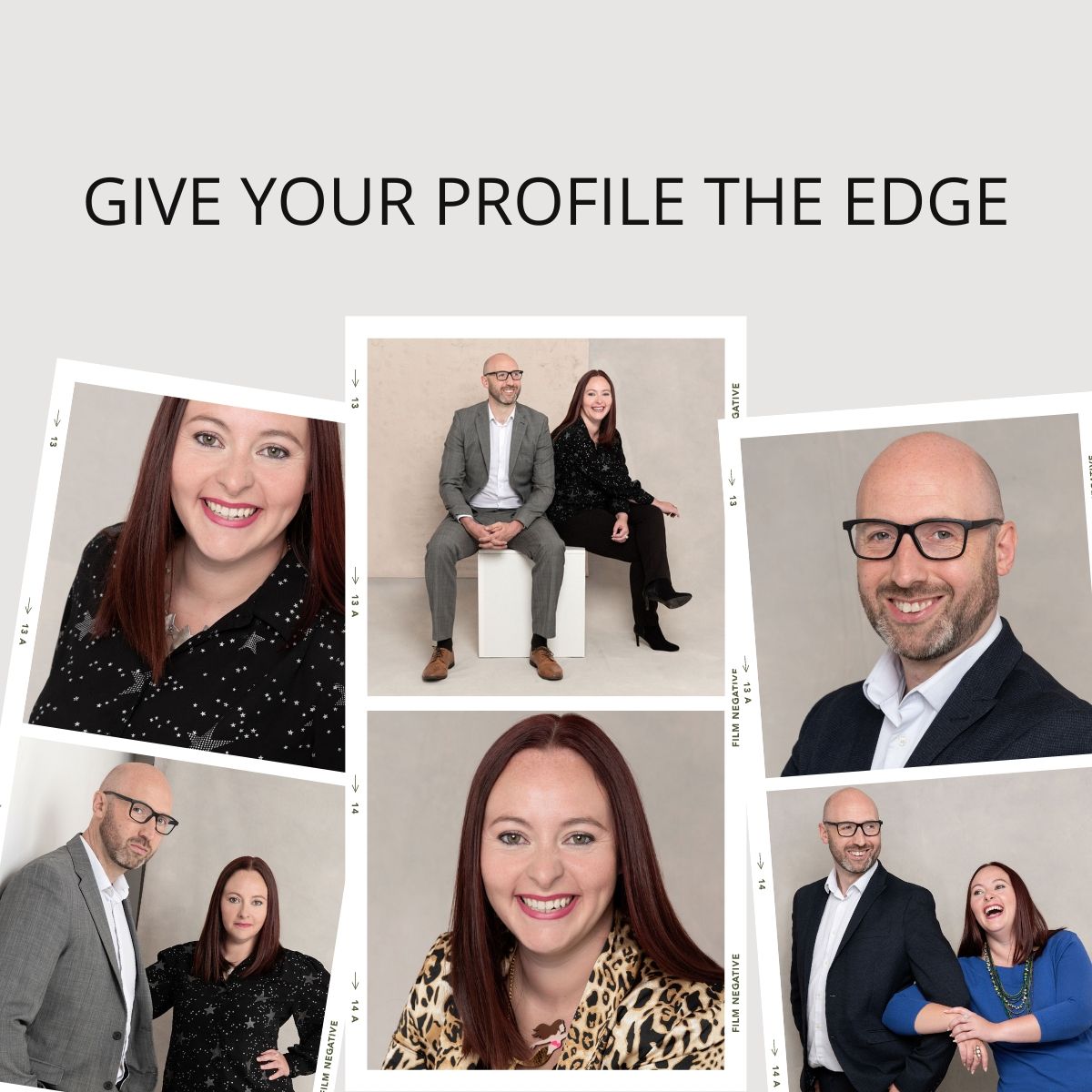 Professional corporate branding photo collage showing business profile headshots and team photos in modern style.