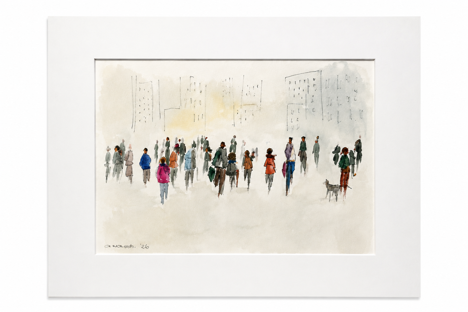 Watercolor painting of people walking in a busy city square, with colorful figures and soft muted tones.