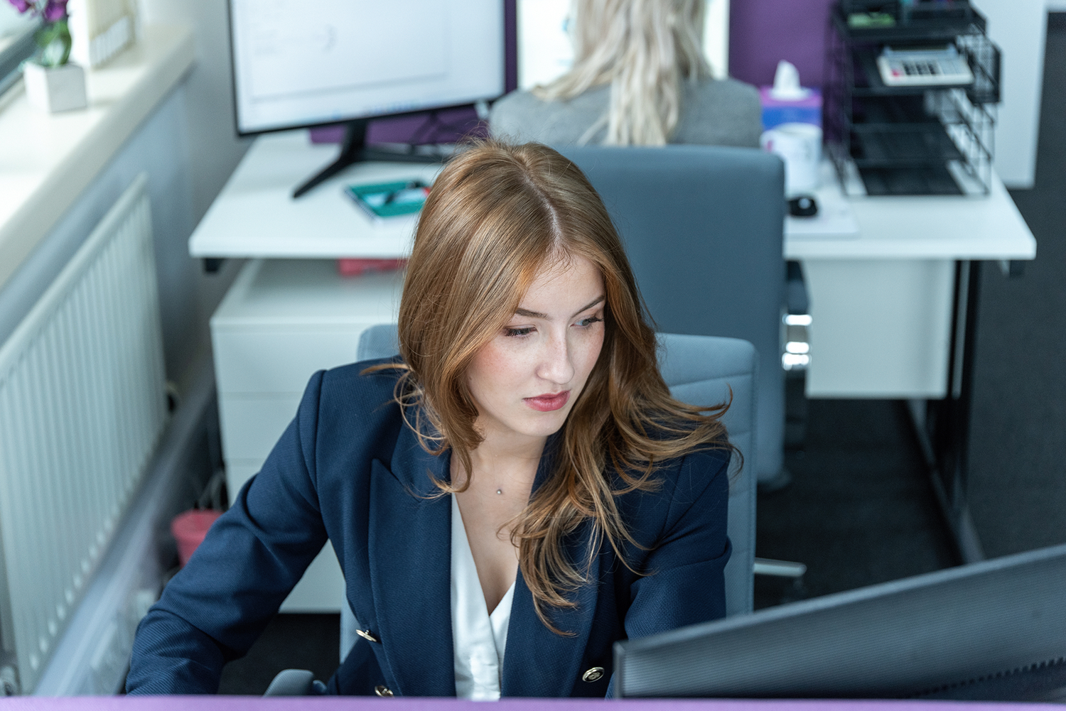 Professional working at computer desk in modern office environment.