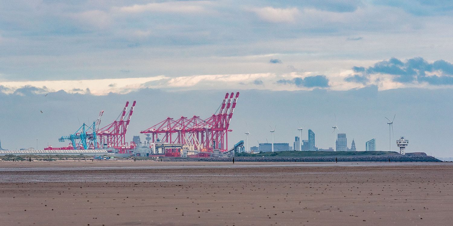 Red cranes at a busy container port terminal on a sandy shoreline with a city skyline visible in the distance.