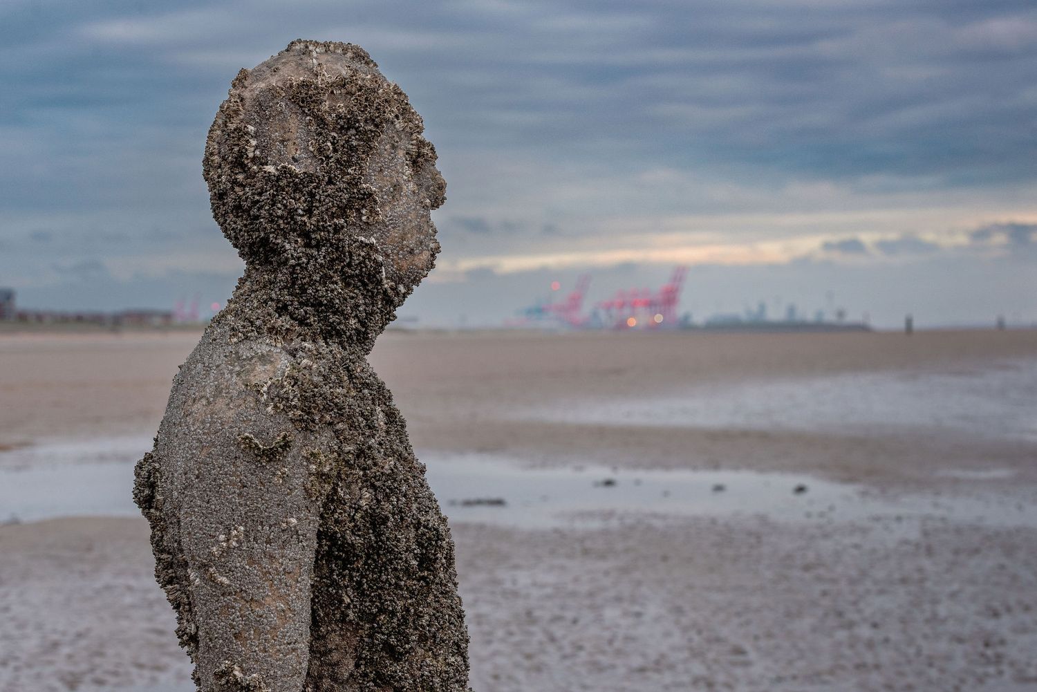Weathered iron man sculpture on a vast sandy beach at dusk, with a cloudy sky and distant red cranes.