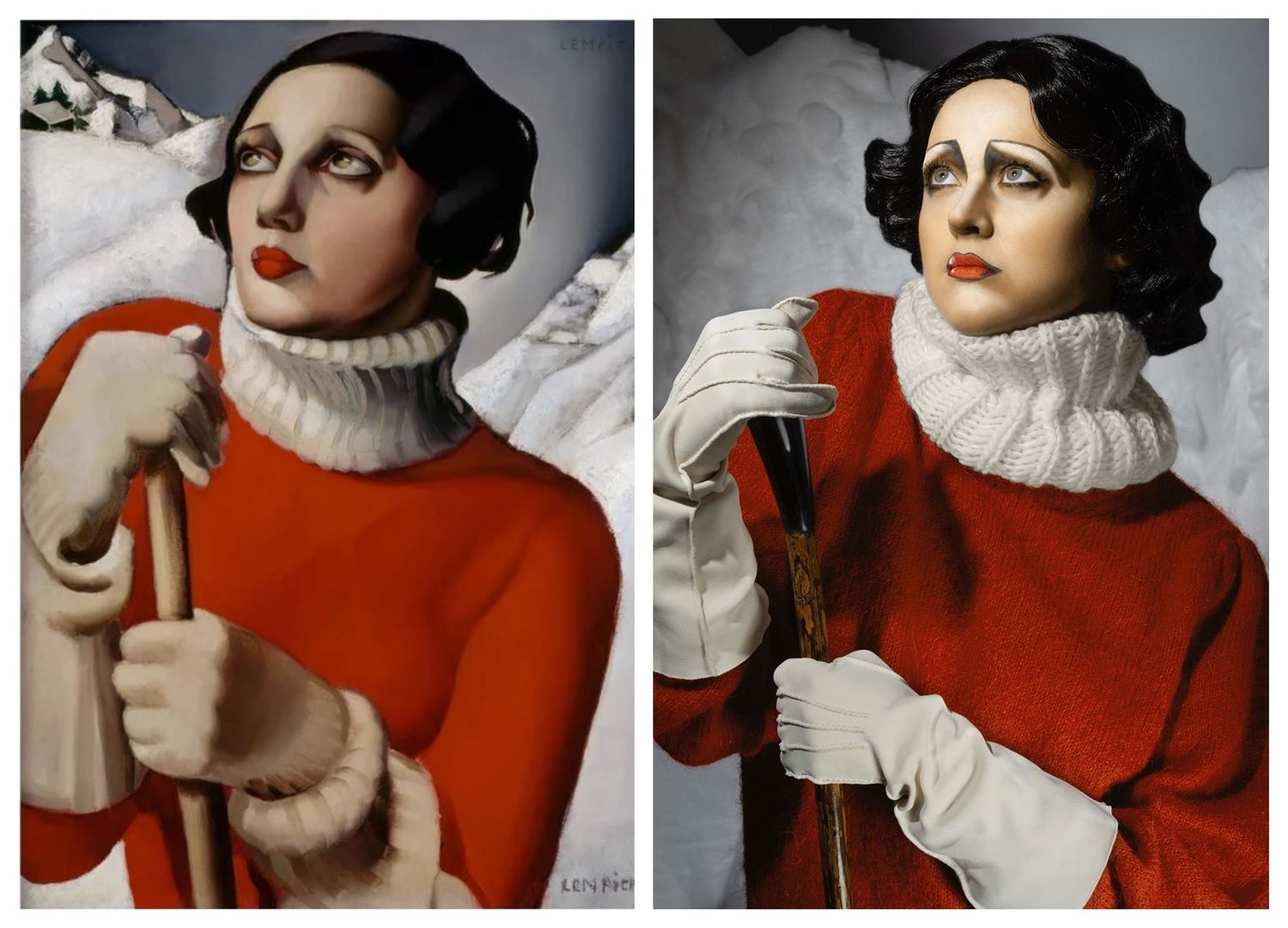 A vintage-style fashion portrait in red sweater and white turtleneck collar against grey background.