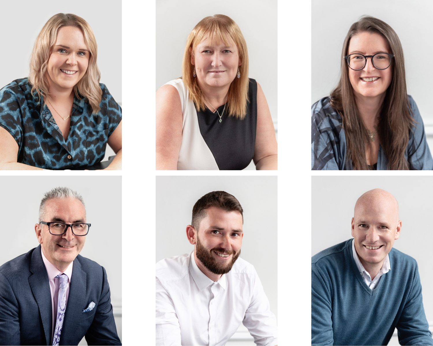 Professional headshots of business team members on white background showing warmth and approachability.