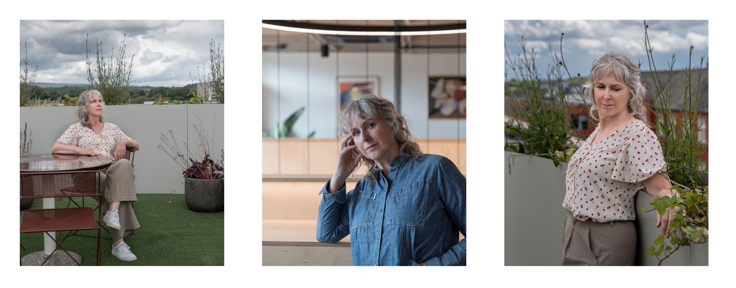 Triptych portrait of a middle-aged woman posed outdoors in casual settings, each photographed separately in natural light.