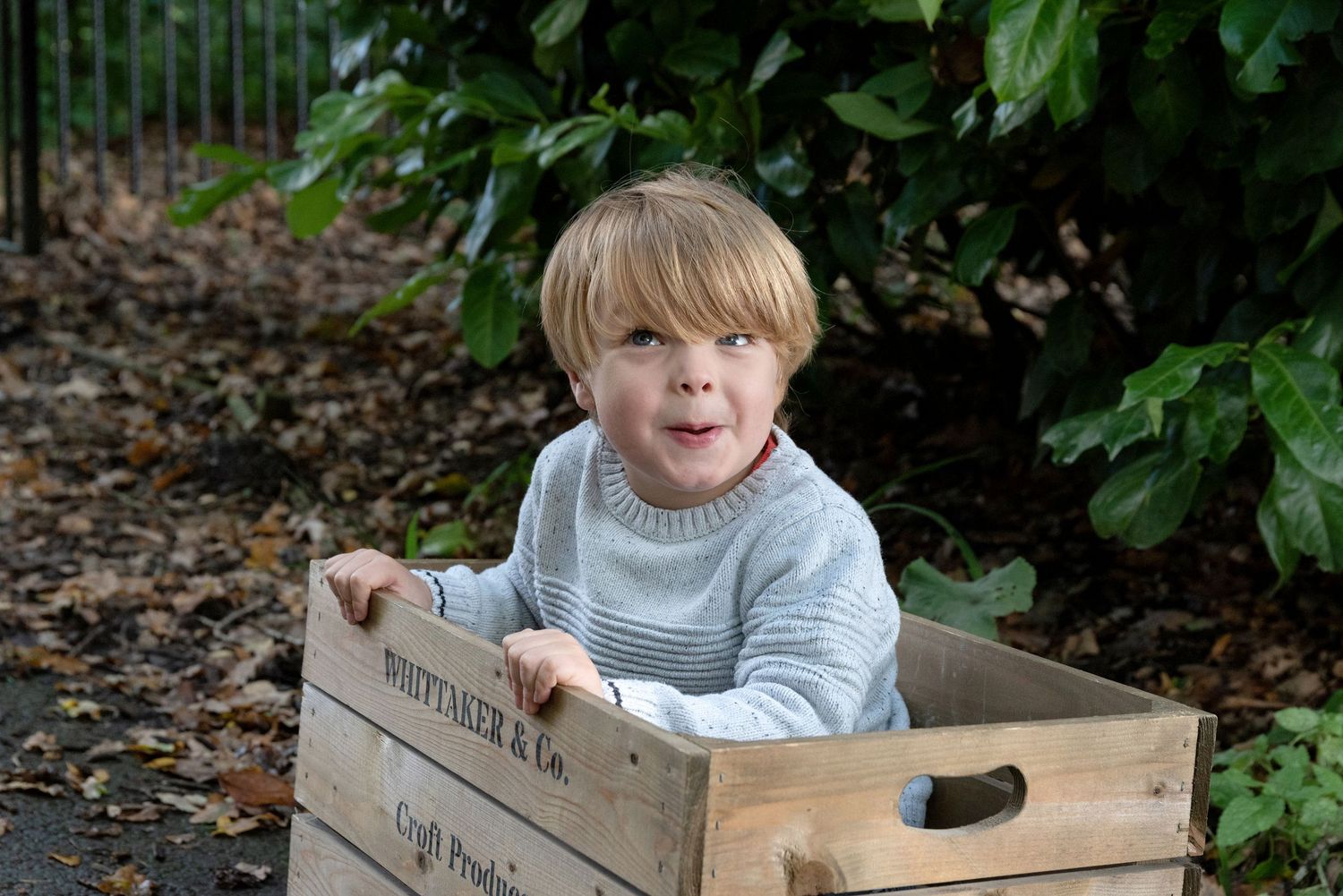 A child sits in a wooden crate while playing outdoors among green foliage.