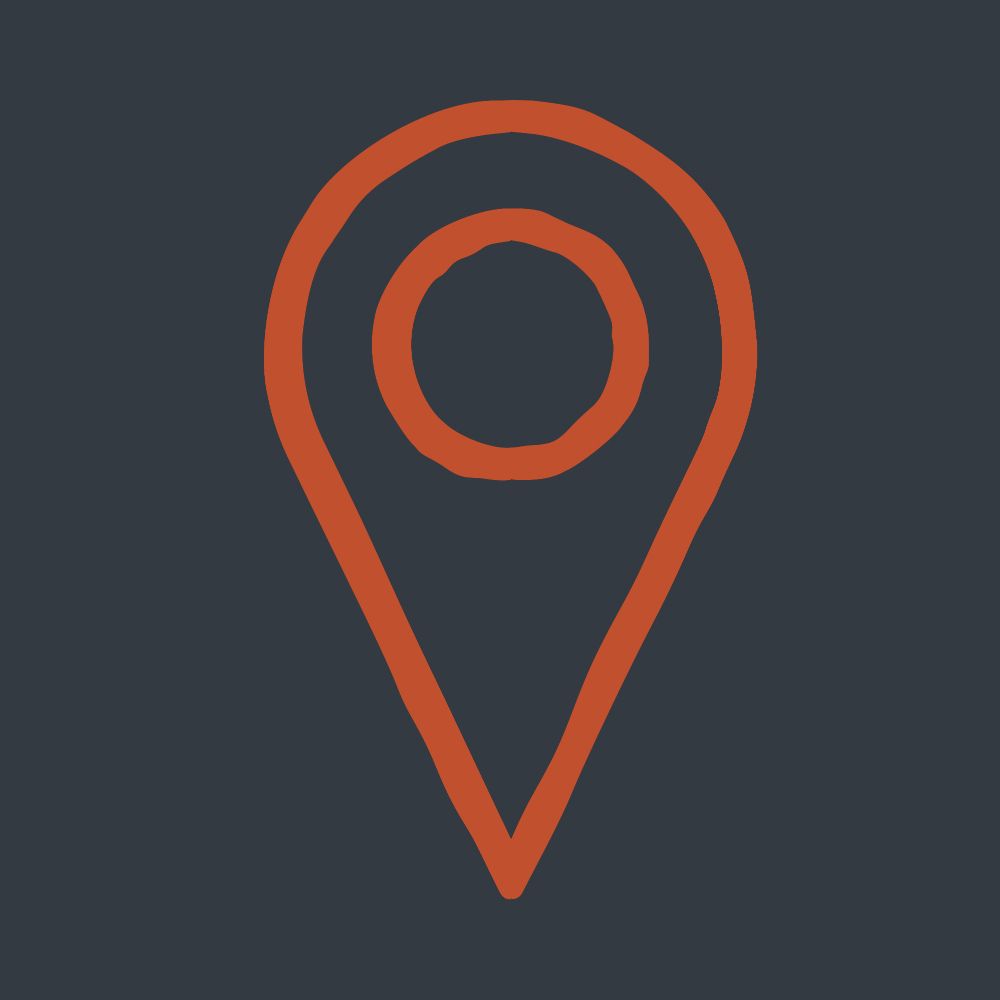 Orange outline location pin icon with a circle in the center, set against a dark charcoal gray background.