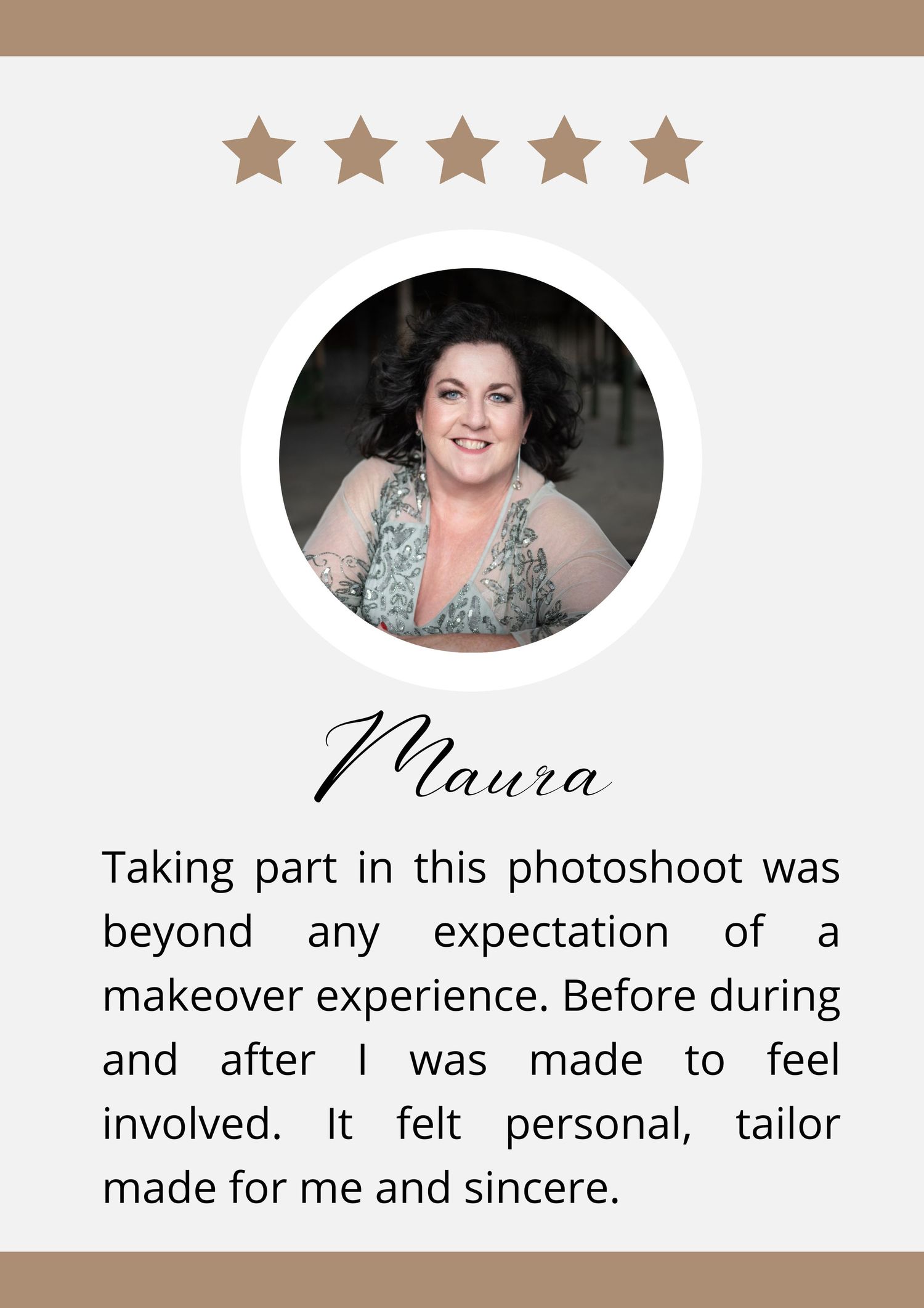 Five star review card featuring sparkly dress portrait and heartfelt testimonial about makeover experience.