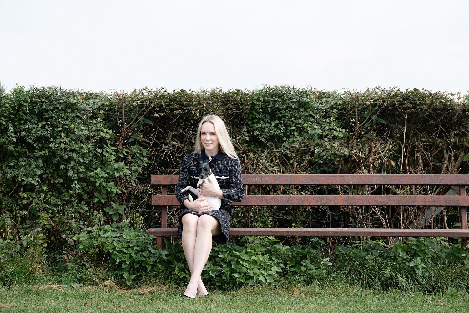 Person sitting on a wooden bench with a cat surrounded by green hedges.