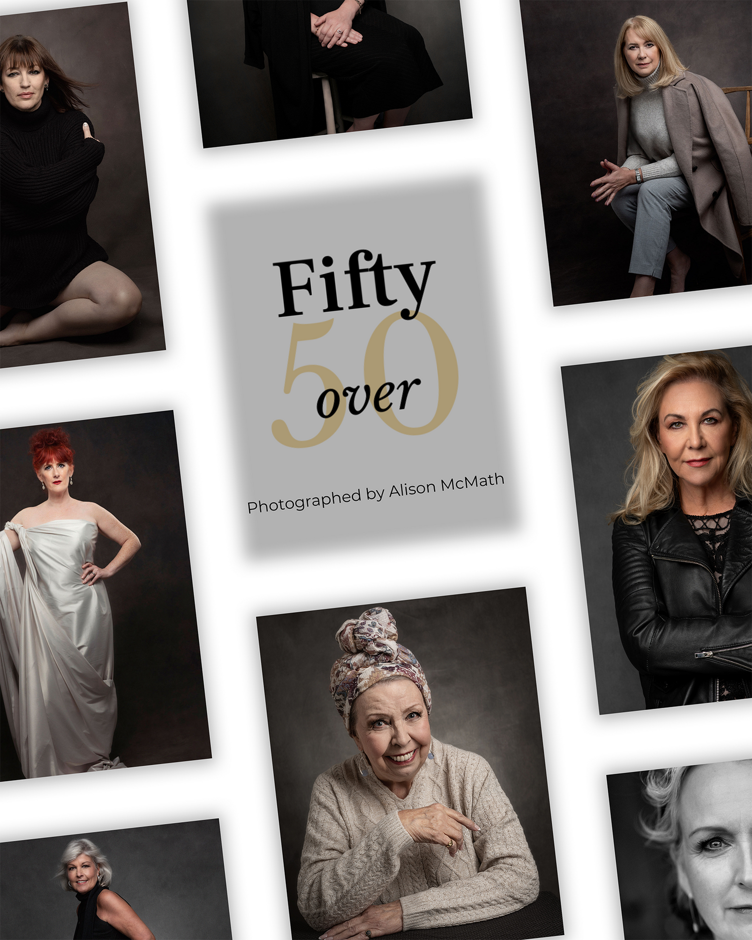 Book cover design for 'Fifty Over 50' featuring artistic portrait photography layout.