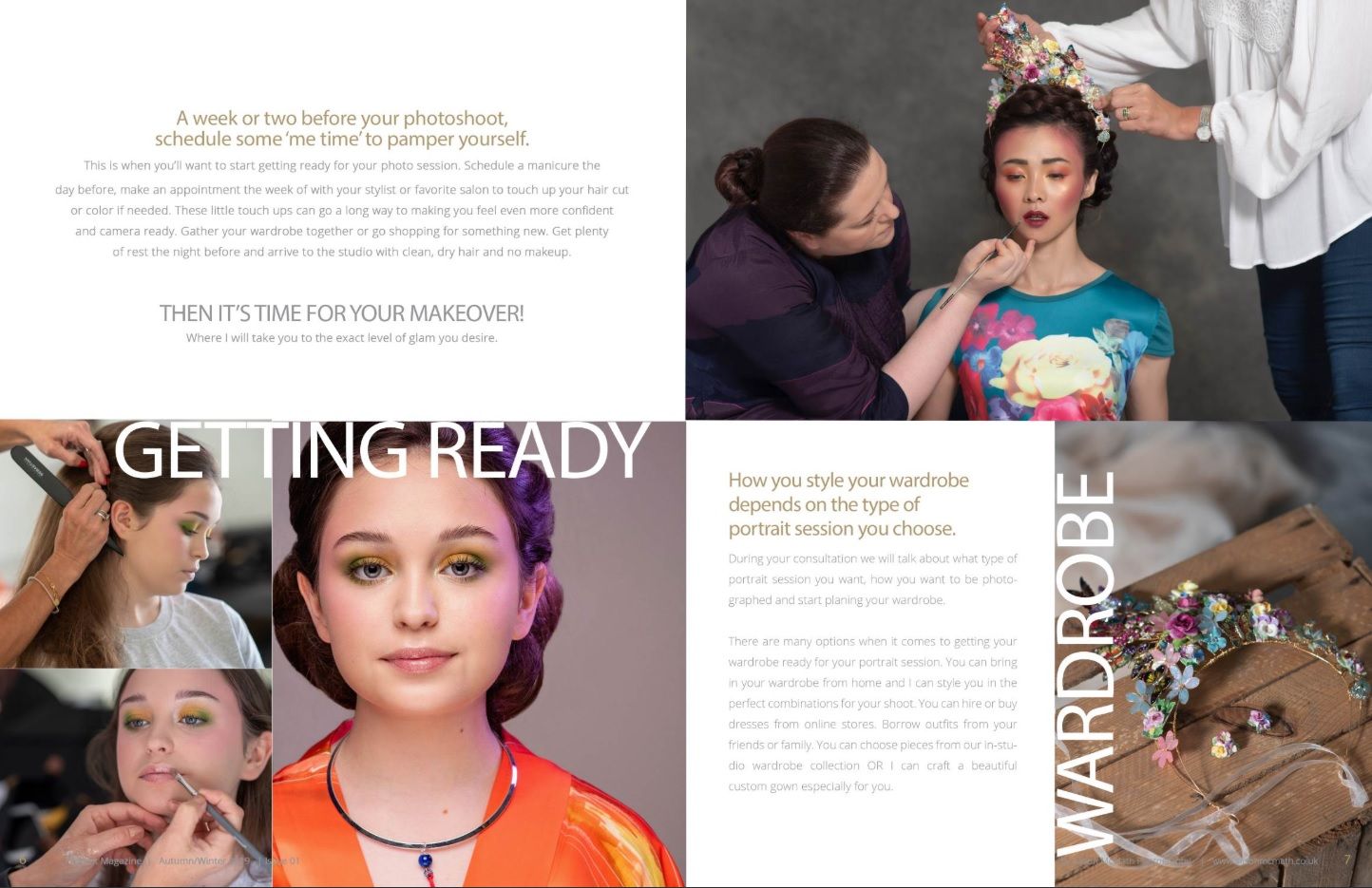 Magazine layout spread showing beauty and fashion behind the scenes photography.