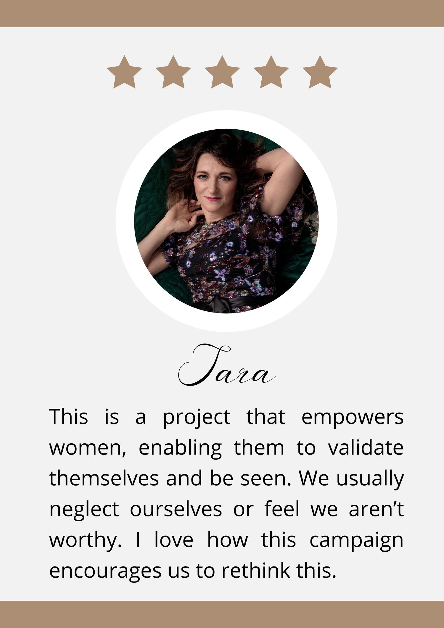 Five star testimonial card with floral dress photography and empowering message about self-worth.