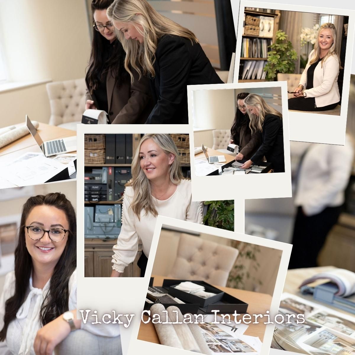 Interior design workspace collage showing design process, material samples, and office environment.