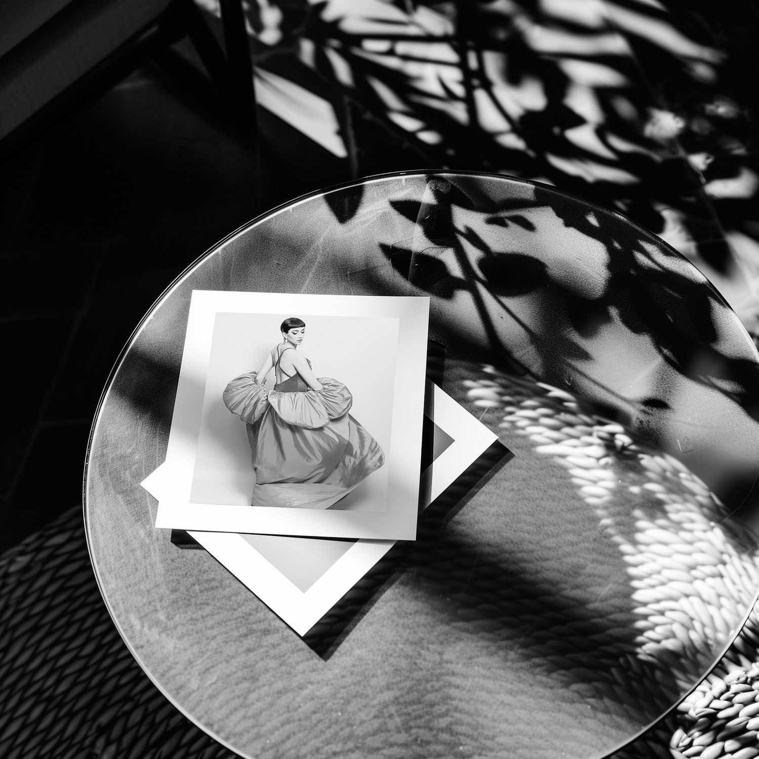 Black and white photographs with dramatic leaf shadows on textured surfaces.