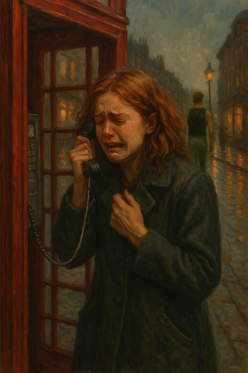 A crying young woman in a dark coat uses a red phone booth on a rainy city street at night.
